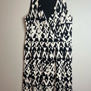 LOFT Black & White Geometric Faux-Wrap Midi Dress